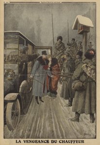 De chauffeur van de Oostenrijkse generaal Skarbonovitch levert de generaal en zijn vrouw over aan de Russen uit wraak voor herhaaldelijke mishandelingen, Eerste Wereldoorlog door Louis Charles (after) Bombled