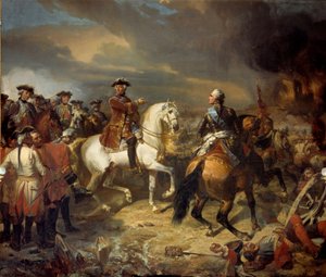 De Slag bij Lawfeld gewonnen door de Maarschalk van Saksen op 27/07/1747 Het Franse leger van koning Lodewijk XV was zegevierend over de Britten van de hertog van Cumberland. Schilderij door Louis Charles Auguste Couder (1789-1873) 1836