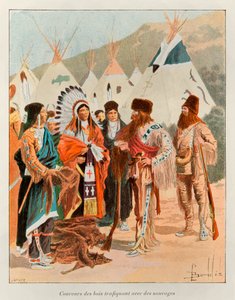 Coureur des bois handelaren met wilden in de 18e eeuw (trapper in Canada); Geschiedenis van Nieuw-Frankrijk door Eugene Guenin - 1900 - Coll, Part. door Louis Charles Bombled