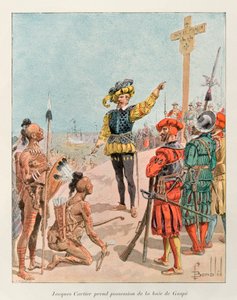 Bombled Louis (1862 - 1927); Jacques Cartier (1491 - 1557) nam bezit van de Baai van Gaspé in Canada namens de koning van Frankrijk, Francois 1e in 1534 (Cartier wijst naar het wapen van Frankrijk op het kruis dat hij had geplant); Geschiedenis van Nieuw-F