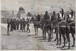 Degradatie van Alfred Dreyfus - Dreyfus-affaire: De degradatie van Alfred Dreyfus in de binnenplaats van de École Militaire Parijs, 5 januari 1895. Gravure in 