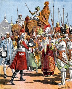 Dumas ontvangt de weduwe van Dost Ali Khan door Louis Charles Bombled