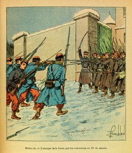 Januari 1871, Hericourt, de Franse vrijwilligers van de 57e marche in de aanval op een boerderij door Louis Charles Bombled