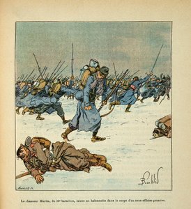 Het leger van de Loire door Eugene Sergent, alias Grenest, geïllustreerd door Louis Bombled (1862-1927) (Frans-Duitse Oorlog; campagne van 1870-1871): Slag bij Le Mans, januari 1871, de jager Martin van het 10e bataljon laat zijn bajonet in het lichaam van door Louis Charles Bombled