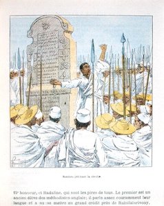 Tovenaars die oproer prediken tegen Frankrijk na de Franse bezetting van Madagaskar in 1895, illustratie uit 
