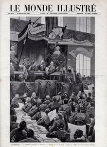 Toespraak van August Bebel (1840-1913) tijdens het Socialistisch Congres van Breslau in Duitsland in 1895 - Gravure in 