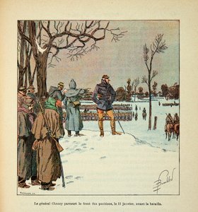 Het leger van de Loire door Eugene Sergent, alias Grenest, geïllustreerd door Louis Bombled (1862-1927) (Frans-Duitse Oorlog; campagne van 1870-1871): Generaal Chanzy bezoekt de frontposities op 11 januari voor de slag, Privécollectie