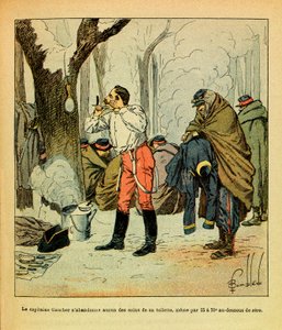 Het Oostelijke Leger van Eugene Sergeant, geïllustreerd door Louis Bombled (1862-1927): Kapitein Gaucher geeft zelfs midden in de winter niet op met de zorg voor zijn toilet, Privécollectie door Louis Charles Bombled