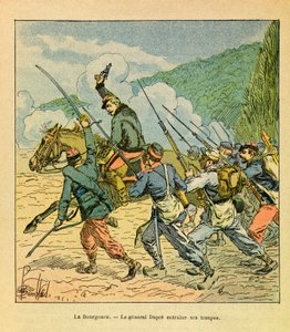 Het Oostelijke Leger van Eugene Sergeant, bekend als Grenest, geïllustreerd door Louis Bombled (1862-1927) (Frans-Duitse Oorlog; campagne van 1870-1871): Generaal Dupre aan het hoofd van zijn mannen bij de Slag om La Bourgonce in oktober 1870, Privécollect door Louis Charles Bombled