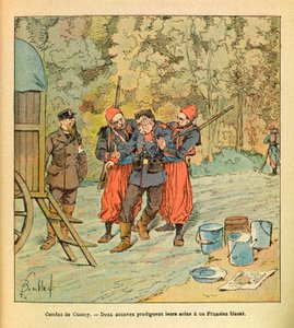 Het Oostelijke Leger van Eugene Sergeant, bekend als Grenest, geïllustreerd door Louis Bombled (1862-1927) (Frans-Duitse Oorlog; campagne van 1870-1871): Slag bij Cussey, oktober 1870, twee Zouaven verlenen zorg aan een gewonde Pruis, Collectie Gedeeltelij