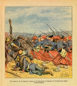 Het Oostelijke Leger van Eugene Sergeant, bekend als Grenest, geïllustreerd door Louis Bombled (1862-1927) (Frans-Duitse Oorlog; campagne van 1870-1871): De Zouaven van het 3e Regiment chargeerden met bajonet en verdreven de Pruisen uit het dorp Auxon-Dess door Louis Charles Bombled