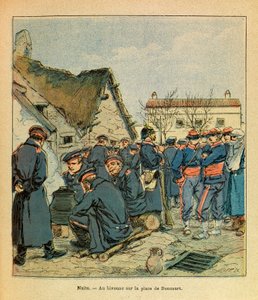 Het Oostelijke Leger van Eugene Sergeant, geïllustreerd door Louis Bombled (1862-1927): Slag bij Nuits-Saint-Georges, Duitse bivak op de Place de Boncourt met Franse gevangenen, Privécollectie