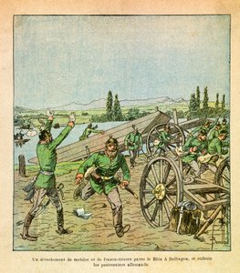 Het Oostelijke Leger van Eugene Sergeant, bekend als Grenest, geïllustreerd door Louis Bombled (1862-1927) (Frans-Duitse Oorlog; campagne van 1870-1871): Een detachement Franse motieven en scherpschutters stak de Rijn over en verjoeg de Duitse bruggenbouwe