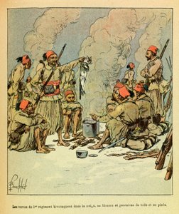 Januari 1871, de Turcos van het 1e regiment bivakkeren in de sneeuw, in blouses en canvas broeken en op blote voeten