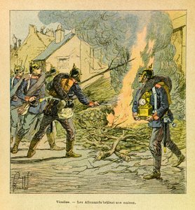 In Vezelise, de Pruisen na het binnenvallen van de stad, branden een huis door Louis Charles Bombled