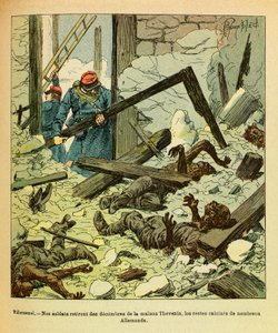 De Oostelijke Armee van Eugene Sergeant, bekend als Grenest, geïllustreerd door Louis Bombled: Januari 1871, Slag bij Villersexel, Franse soldaten verwijderen de resten van Duitse soldaten uit een huis door Louis Charles Bombled