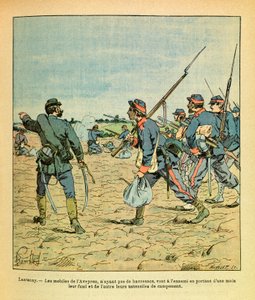 Het Oostelijke Leger van Eugene Sergeant, bekend als Grenest, geïllustreerd door Louis Bombled (1862-1927) (Frans-Duitse Oorlog; campagne van 1870-1871): Slag bij Lantenay in november 1870, de mobiele telefoons van Aveyron zonder haversakken gaan naar de v door Louis Charles Bombled