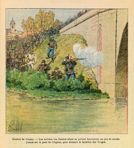Het Oostelijke Leger van Eugene Sergeant, bekend als Grenest, geïllustreerd door Louis Bombled (1862-1927) (Frans-Duitse Oorlog; campagne van 1870-1871): De mobiele telefoons van Hautes Alpes helpen het bataljon van de Vogezen tijdens de gevechten van Cuss
