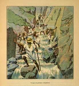De oorlog in Madagaskar-Anekdotische geschiedenis van de Franse expedities van 1885-1895 door Henri Galli alias Galllichet (1854-1922), geïllustreerd door Louis Bombled (1862-1927): Malagassische dragers in 1895, Privécollectie