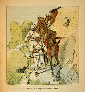 De oorlog in Madagaskar-Anekdotische geschiedenis van de Franse expedities van 1885-1895 door Henri Galli alias Galllichet (1854-1922), geïllustreerd door Louis Bombled (1862-1927): Bergartillerie op de Andriba-weg naar Madagaskar in 1895, Privécollectie