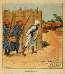 De oorlog in Madagaskar-Anekdotische geschiedenis van de Franse expedities van 1885-1895 door Henri Galli alias Galllichet (1854-1922), geïllustreerd door Louis Bombled (1862-1927): Franse troepen betraden het dorp Mevatanana in 1895, Privécollectie door Louis Charles Bombled
