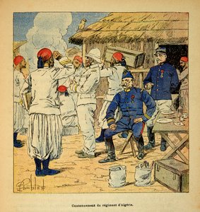 De oorlog in Madagaskar - Anekdotische geschiedenis van de Franse expedities van 1885-1895 door Henri Galli, geïllustreerd door Louis Bombled: Kantonnement van het Algerijnse regiment tijdens de Franse expeditie naar Madagaskar in 1895