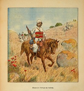De oorlog in Madagaskar - Anekdotische geschiedenis van de Franse expedities van 1885-1895 door Henri Galli, geïllustreerd door Louis Bombled: Afrikaanse jager op verkenning in Madagaskar in 1895 door Louis Charles Bombled