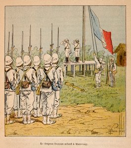 De oorlog in Madagaskar - Anekdotische geschiedenis van de Franse expedities van 1885-1895 door Henri Galli, geïllustreerd door Louis Bombled: De Franse vlag wappert in Marovoay in 1895 door Louis Charles Bombled