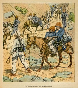 De oorlog in Madagaskar - Anekdotische geschiedenis van de Franse expedities van 1885-1895 door Henri Galli, geïllustreerd door Louis Bombled: De Eclopes van het leger ontsnappen op noodambulances in Madagaskar door Louis Charles Bombled