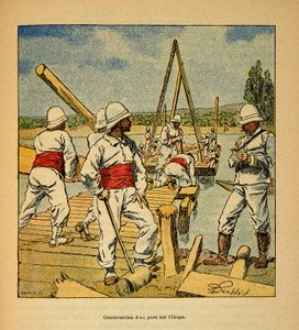 De oorlog in Madagaskar - Anecdotische geschiedenis van de Franse expedities van 1885-1895 door Henri Galli, geïllustreerd door Louis Bombled: Bouw van een brug door de genie over de Ikopa-rivier in 1895, privécollectie door Louis Charles Bombled