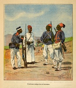 De oorlog in Madagaskar - Anecdotische geschiedenis van de Franse expedities van 1885-1895 door Henri Galli, geïllustreerd door Louis Bombled: Malagassische en Haoussas Tirailleurs, privécollectie
