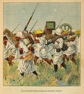 De oorlog in Madagaskar - Anecdotische geschiedenis van de Franse expedities van 1885-1895 door Henri Galli, geïllustreerd door Louis Bombled: Gevangenen Hovas gebruikt om artilleriestukken te vervoeren