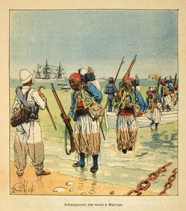 De oorlog in Madagaskar - Anekdotische geschiedenis van de Franse expedities van 1885-1895 door Henri Galli, geïllustreerd door Louis Bombled: Debarquement des Turcos a Majunga