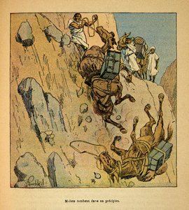 De oorlog in Madagaskar-Anekdotische geschiedenis van de Franse expedities van 1885-1895 door Henri Galli, geïllustreerd door Louis Bombled: Muilezels van een militair konvooi vallen in een afgrond