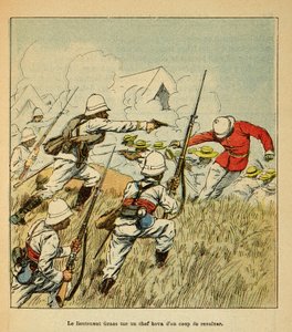 De oorlog in Madagaskar-Anekdotische geschiedenis van de Franse expedities van 1885-1895 door Henri Galli, geïllustreerd door Louis Bombled: Luitenant Grss doodt een Hova-hoofd tijdens de Tsarasaotra-gevechten in 1895
