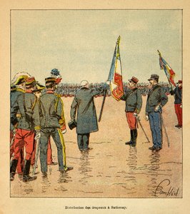 De oorlog in Madagaskar-Anekdotische geschiedenis van de Franse expedities van 1885-1895 door Henri Galli, geïllustreerd door Louis Bombled: Distributie van vlaggen in Sathonay aan de troepen die vertrekken naar Madagaskar in 1895 door Louis Charles Bombled