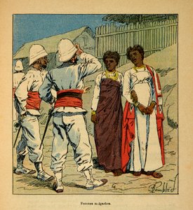 De oorlog in Madagaskar - Anecdotische geschiedenis van de Franse expedities van 1885-1895 door Henri Galli, geïllustreerd door Louis Bombled: Franse soldaten sympathiseren met Malagassische vrouwen door Louis Charles Bombled