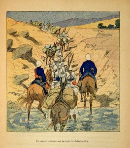 De oorlog in Madagaskar - Anecdotische geschiedenis van de Franse expedities van 1885-1895 door Henri Galli, geïllustreerd door Louis Bombled: een militair konvooi op weg naar Suberbieville in 1895