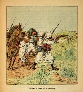 De oorlog in Madagaskar - Anecdotische geschiedenis van de Franse expedities van 1885-1895 door Henri Galli, geïllustreerd door Louis Bombled: Aanval op een militair konvooi door de Fahavolos door Louis Charles Bombled