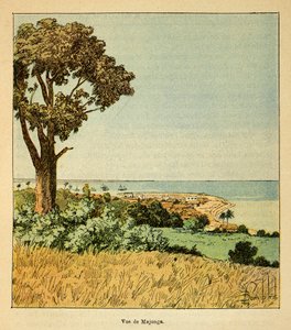 De oorlog in Madagaskar - Anecdotische geschiedenis van de Franse expedities van 1885-1895 door Henri Galli, geïllustreerd door Louis Bombled: Uitzicht op de stad Majunga in de 19e eeuw door Louis Charles Bombled