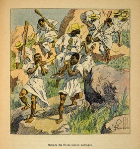 De Oorlog in Madagaskar-Anekdotische Geschiedenis van de Franse Expedities van 1885-1895 door Henri Galli alias Galllichet (1854-1922), geïllustreerd door Louis Bombled (1862-1927): Terugtrekking van Hovas-troepen in de Bergen, Privécollectie