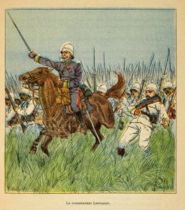 De Oorlog in Madagaskar-Anekdotische Geschiedenis van de Franse Expedities van 1885-1895 door Henri Galli alias Galllichet (1854-1922), geïllustreerd door Louis Bombled (1862-1927): De Commandant Lentonnet (1840-1896) met de Franse troepen tijdens de verde door Louis Charles Bombled