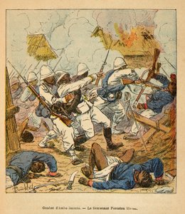 De oorlog in Madagaskar - Anecdotische geschiedenis van de Franse expedities van 1885-1895 door Henri Galli, geïllustreerd door Louis Bombled: Luitenant Foreston gewond tijdens de gevechten van Ambolomonty in 1895, Privécollectie