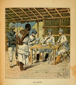 De oorlog in Madagaskar-Anekdotische geschiedenis van de Franse expedities van 1885-1895 door Henri Galli dit Galllichet (1854-1922), geïllustreerd door Louis Bombled (1862-1927): Ondervraging van een Hovas-gevangene door de Fransen, Privécollectie