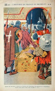De ontdekking van het gemummificeerde lichaam van keizer Justinianus (483-565) tijdens de inname van Constantinopel door de kruisvaarders in 1204, illustratie uit 