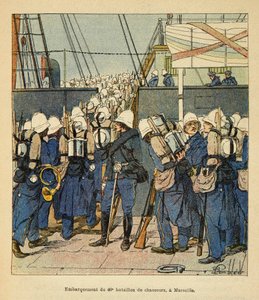 De oorlog in Madagaskar - Anekdotische geschiedenis van de Franse expedities van 1885-1895 door Henri Galli, geïllustreerd door Louis Bombled: Inscheping van het 40e jagerbataljon in Marseille voor Madagaskar in 1895 door Louis Charles Bombled