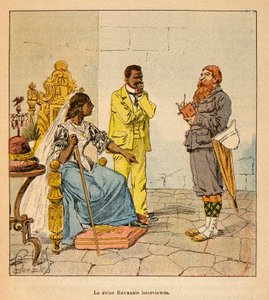 De oorlog in Madagaskar-Anekdotische geschiedenis van de Franse expedities van 1885-1895 door Henri Galli, geïllustreerd door Louis Bombled: een Engelse journalist interviewt koningin Ravanalo in 1895 in aanwezigheid van zijn premier door Louis Charles Bombled