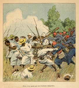 De oorlog in Madagaskar - Anekdotische geschiedenis van de Franse expedities van 1885-1895 door Henri Galli, geïllustreerd door Louis Bombled: De Malagassiërs namen een kanon in beslag tijdens de gevechten van Ambolomonty in 1895 door Louis Charles Bombled