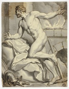 Mannelijk naakt geknield naast een oven (Vulcanus), met helm en metalen handschoenen op de vloer door Louis Cheron