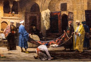 De tapijtenbazaar in Khan Khalil in Caïro door Louis Claude Mouchot